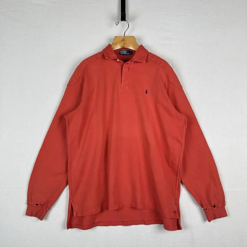 90’s Vtg Polo Ralph Lauren Rugby Shirt Mens L Orange‎ Quilted Elbows *Distressed
